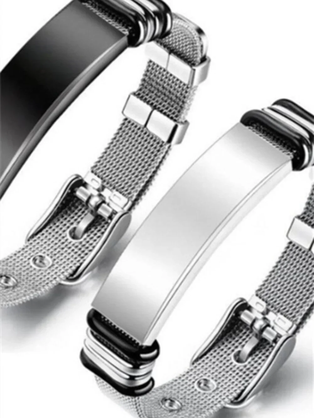 Men’s Two Tone Silicone Bracelet Matte Black Silver Engravable Bar Wrist Band Mi